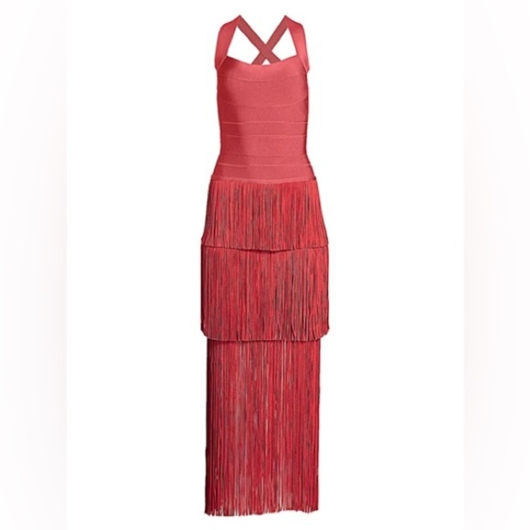 HERVE LEGER Women's Icon Fringe Maxi Dress In Burnt Rose - Picture 1 of 5